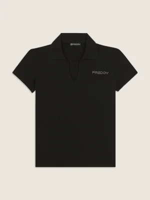 T-shirt Manica Corta con Scollo a V e Collo a Camicia