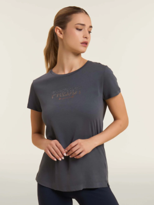 T-shirt donna con mini spacchi laterali e logo in strass